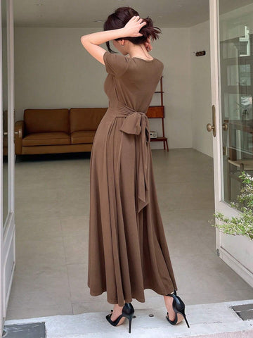 DAZY Women Elegant Solid Color Long Dress With Drawstring Waist For Spring/Summer