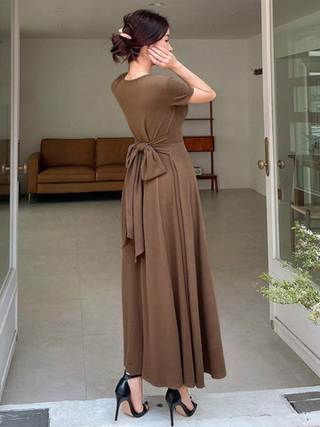 DAZY Women Elegant Solid Color Long Dress With Drawstring Waist For Spring/Summer
