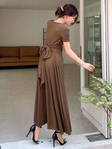 DAZY Women Elegant Solid Color Long Dress With Drawstring Waist For Spring/Summer