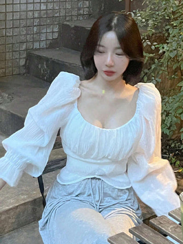 DAZY Women Elegant Solid Color Puff Sleeve Shirt For Spring