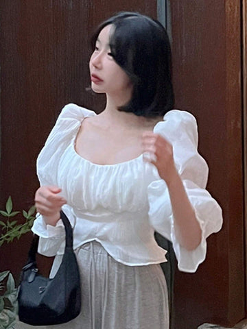 DAZY Women Elegant Solid Color Puff Sleeve Shirt For Spring