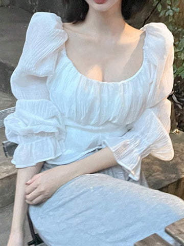 DAZY Women Elegant Solid Color Puff Sleeve Shirt For Spring