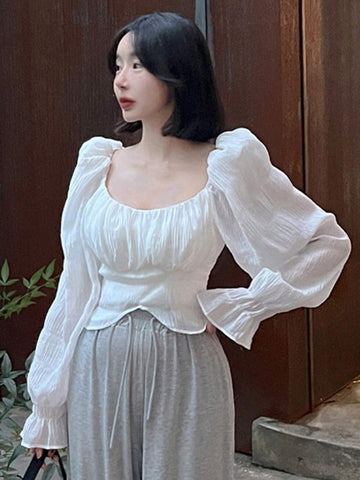DAZY Women Elegant Solid Color Puff Sleeve Shirt For Spring