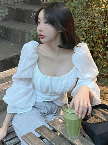 DAZY Women Elegant Solid Color Puff Sleeve Shirt For Spring