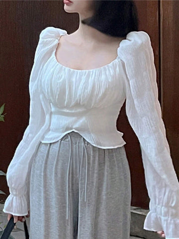 DAZY Women Elegant Solid Color Puff Sleeve Shirt For Spring