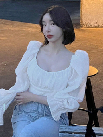 DAZY Women Elegant Solid Color Puff Sleeve Shirt For Spring