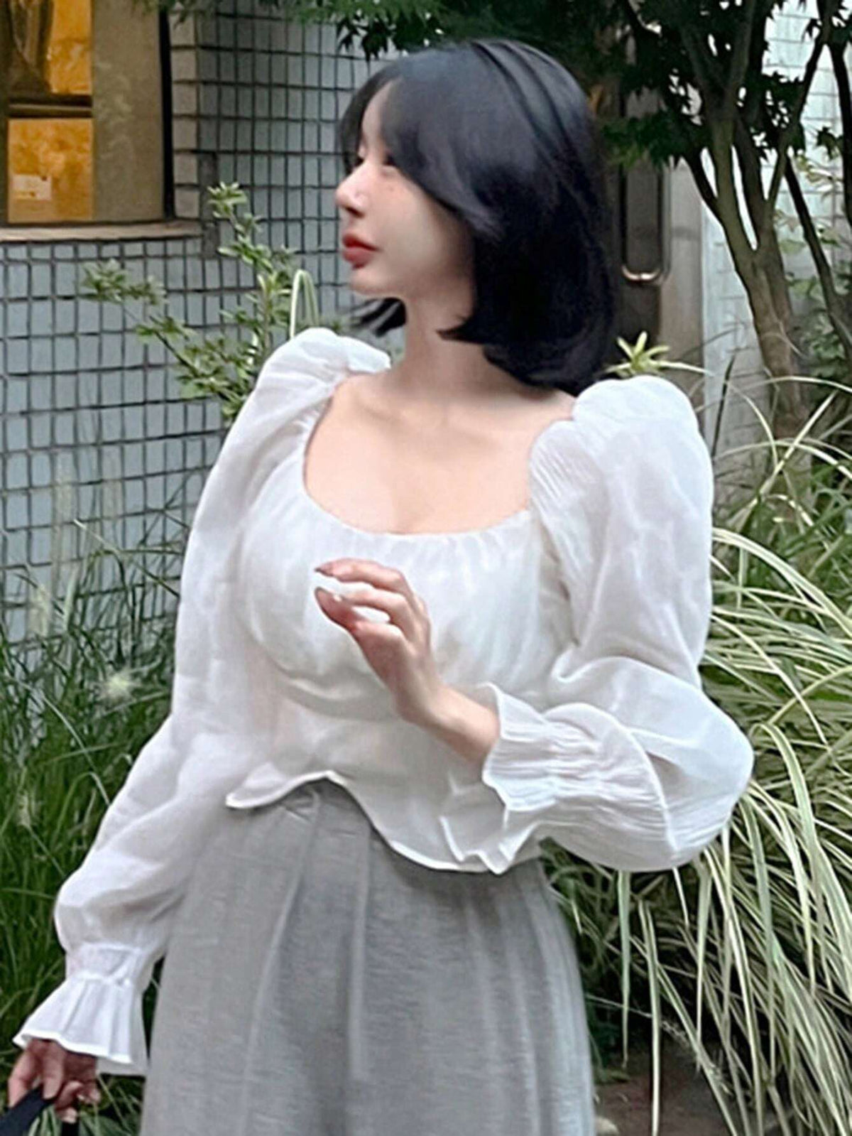 DAZY Women Elegant Solid Color Puff Sleeve Shirt For Spring