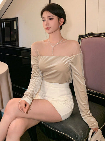 DAZY Women Elegant Solid Color Sheer Mesh Panel Long Sleeve Blouse, Spring/Summer