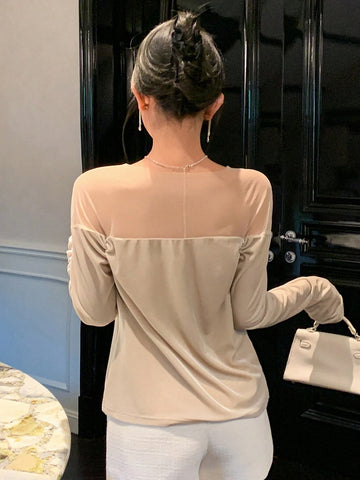 DAZY Women Elegant Solid Color Sheer Mesh Panel Long Sleeve Blouse, Spring/Summer