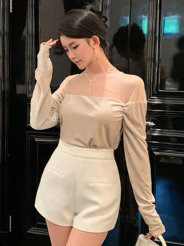 DAZY Women Elegant Solid Color Sheer Mesh Panel Long Sleeve Blouse, Spring/Summer