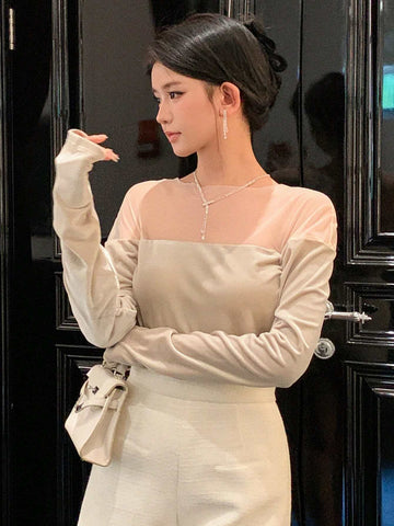 DAZY Women Elegant Solid Color Sheer Mesh Panel Long Sleeve Blouse, Spring/Summer