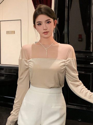 DAZY Women Elegant Solid Color Sheer Mesh Panel Long Sleeve Blouse, Spring/Summer