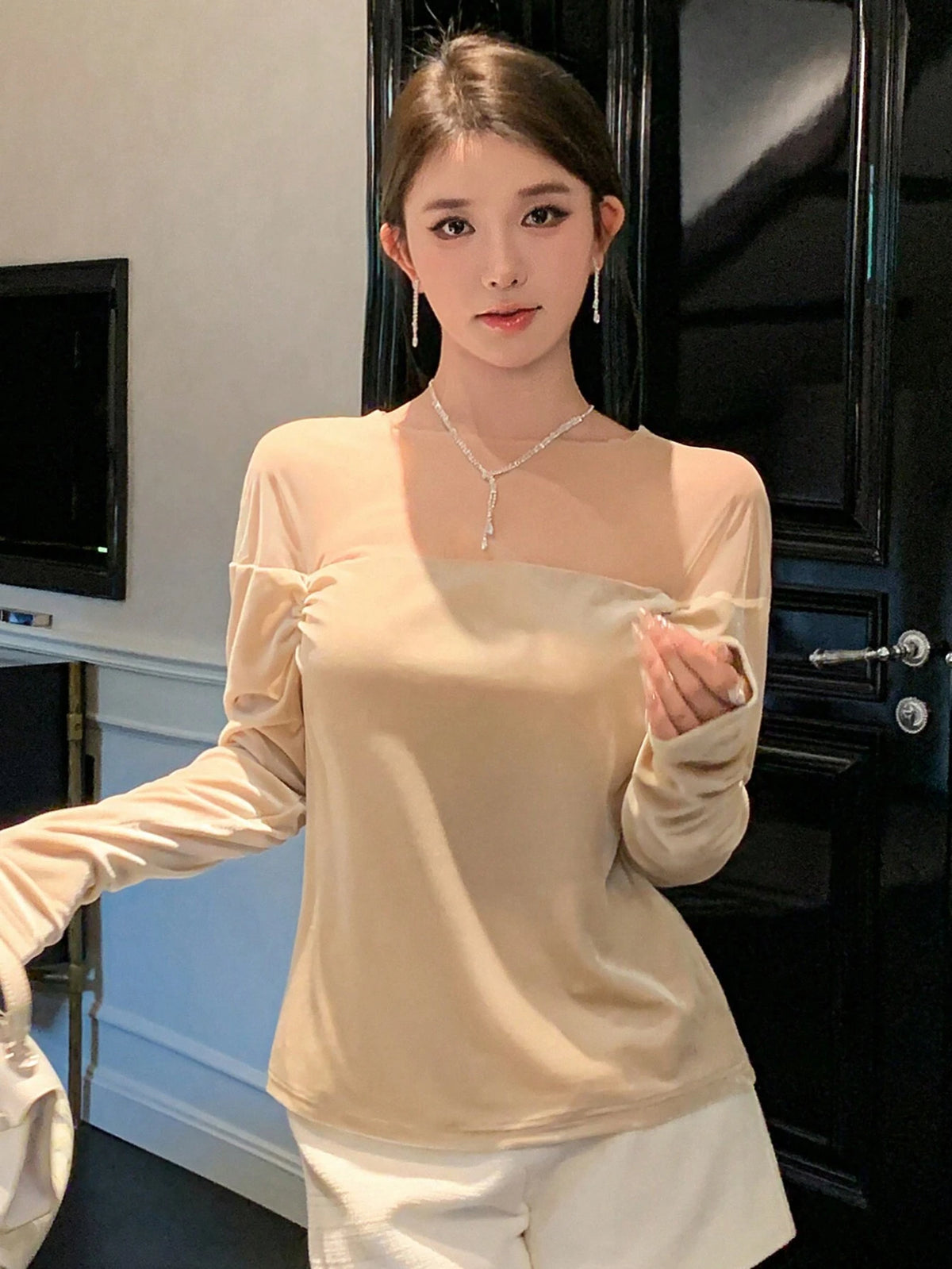 DAZY Women Elegant Solid Color Sheer Mesh Panel Long Sleeve Blouse, Spring/Summer