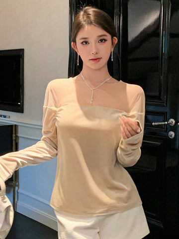 DAZY Women Elegant Solid Color Sheer Mesh Panel Long Sleeve Blouse, Spring/Summer