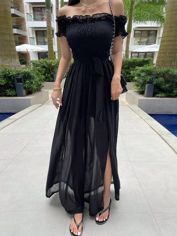 DAZY Women Fashion Solid Color Short Sleeve Jumpsuit With Off-The-Shoulder Design