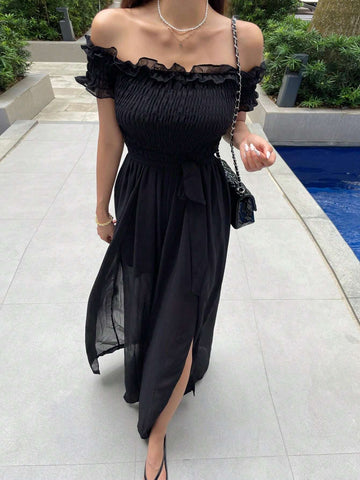 DAZY Women Fashion Solid Color Short Sleeve Jumpsuit With Off-The-Shoulder Design