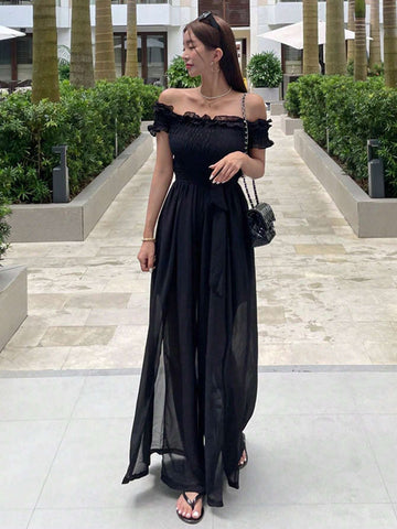 DAZY Women Fashion Solid Color Short Sleeve Jumpsuit With Off-The-Shoulder Design