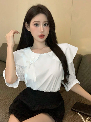 DAZY Women Fashionable And Cute Bow Detail Decorated Doll Collar Mid-Sleeve Shirt