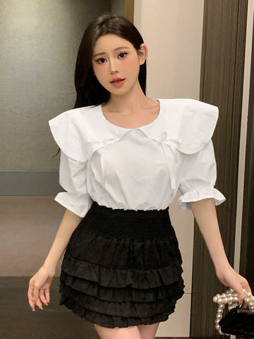 DAZY Women Fashionable And Cute Bow Detail Decorated Doll Collar Mid-Sleeve Shirt