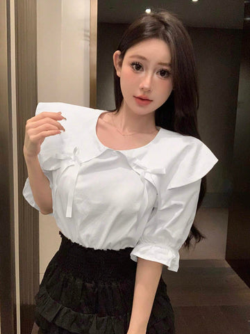 DAZY Women Fashionable And Cute Bow Detail Decorated Doll Collar Mid-Sleeve Shirt