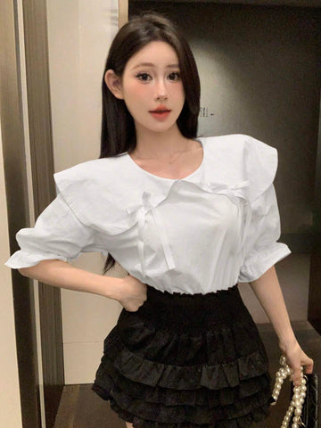 DAZY Women Fashionable And Cute Bow Detail Decorated Doll Collar Mid-Sleeve Shirt