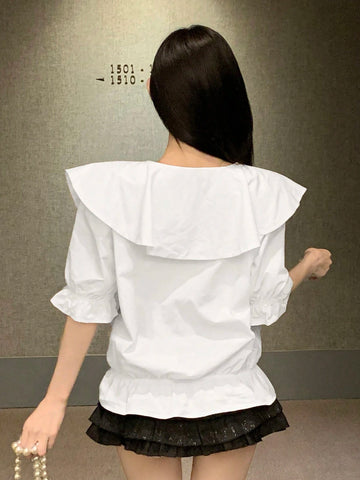 DAZY Women Fashionable And Cute Bow Detail Decorated Doll Collar Mid-Sleeve Shirt