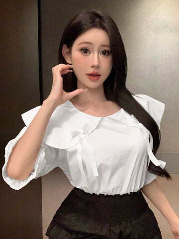 DAZY Women Fashionable And Cute Bow Detail Decorated Doll Collar Mid-Sleeve Shirt