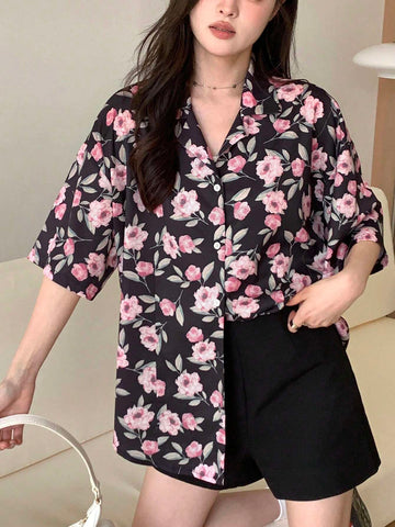 DAZY Women Flora Printed Loose Fit Front Button Shirt With Lapel Collar