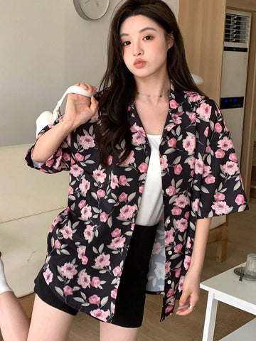 DAZY Women Flora Printed Loose Fit Front Button Shirt With Lapel Collar