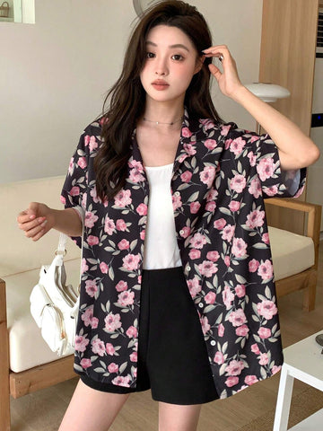 DAZY Women Flora Printed Loose Fit Front Button Shirt With Lapel Collar
