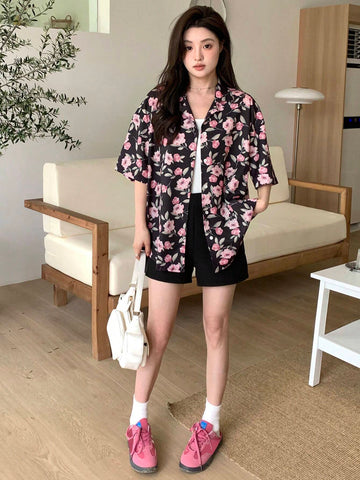 DAZY Women Flora Printed Loose Fit Front Button Shirt With Lapel Collar