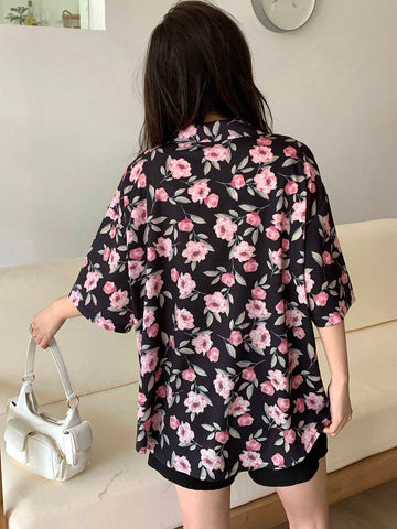 DAZY Women Flora Printed Loose Fit Front Button Shirt With Lapel Collar