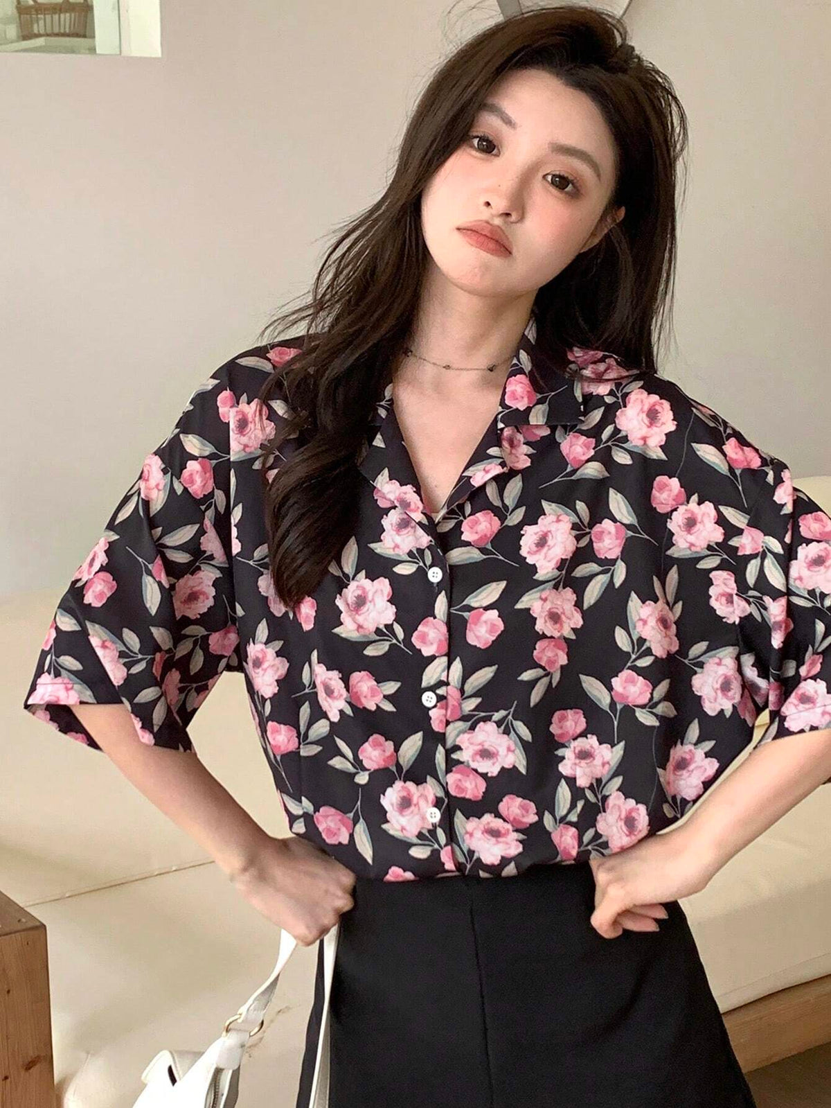 DAZY Women Flora Printed Loose Fit Front Button Shirt With Lapel Collar