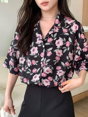 DAZY Women Flora Printed Loose Fit Front Button Shirt With Lapel Collar