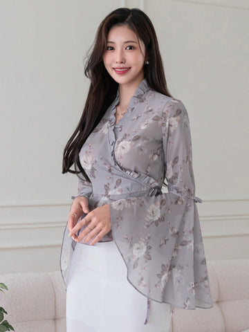 DAZY Women Floral Print V-Neck Long Sleeve Drawstring Blouse