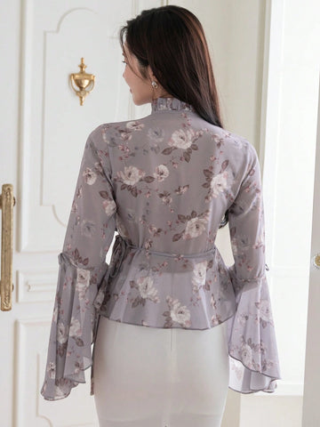 DAZY Women Floral Print V-Neck Long Sleeve Drawstring Blouse