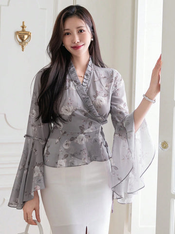 DAZY Women Floral Print V-Neck Long Sleeve Drawstring Blouse