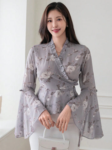 DAZY Women Floral Print V-Neck Long Sleeve Drawstring Blouse
