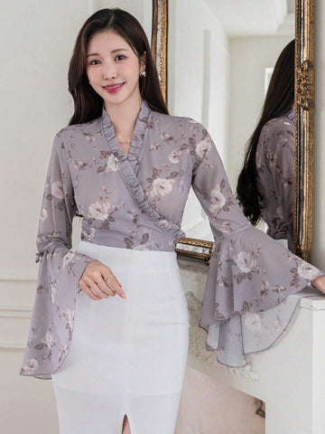 DAZY Women Floral Print V-Neck Long Sleeve Drawstring Blouse