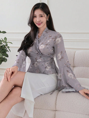 DAZY Women Floral Print V-Neck Long Sleeve Drawstring Blouse