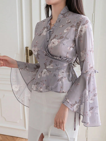 DAZY Women Floral Print V-Neck Long Sleeve Drawstring Blouse