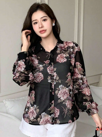DAZY Women Floral Printed Chiffon Long-Sleeved Shirt