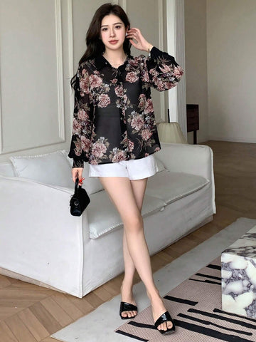 DAZY Women Floral Printed Chiffon Long-Sleeved Shirt