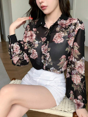 DAZY Women Floral Printed Chiffon Long-Sleeved Shirt