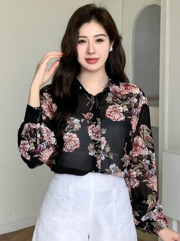 DAZY Women Floral Printed Chiffon Long-Sleeved Shirt
