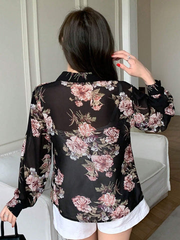 DAZY Women Floral Printed Chiffon Long-Sleeved Shirt