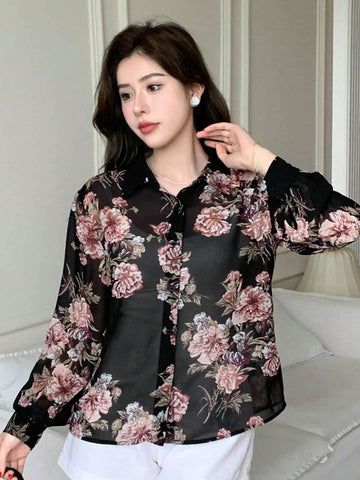DAZY Women Floral Printed Chiffon Long-Sleeved Shirt