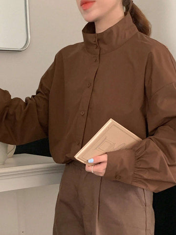 DAZY Women Front Button Long Sleeve Minimalistic Solid Color Casual Blouse