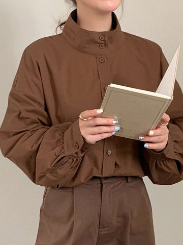 DAZY Women Front Button Long Sleeve Minimalistic Solid Color Casual Blouse