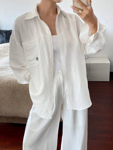 DAZY Women Front Button Long Sleeve Pocket Simple Top And Pant Set